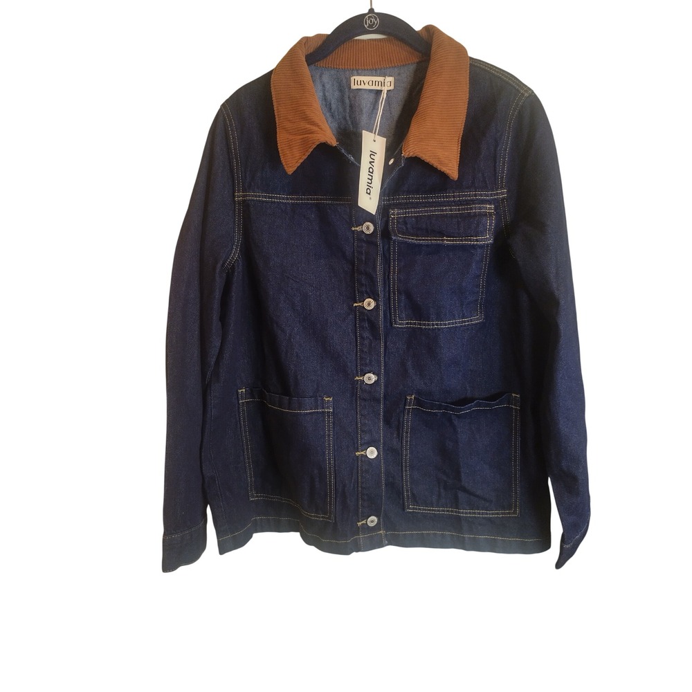 Luvamia Denim Chore Jacket Dark Wash Corduroy Collar Barn Coat Blue Mens Size M